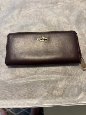 Coach Zip-Around Leather Wallet in Burgundy with Gold Hardware